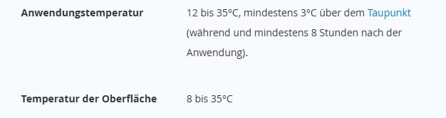 Beispiel Verarbeitungs- und Untergrundtemperatur